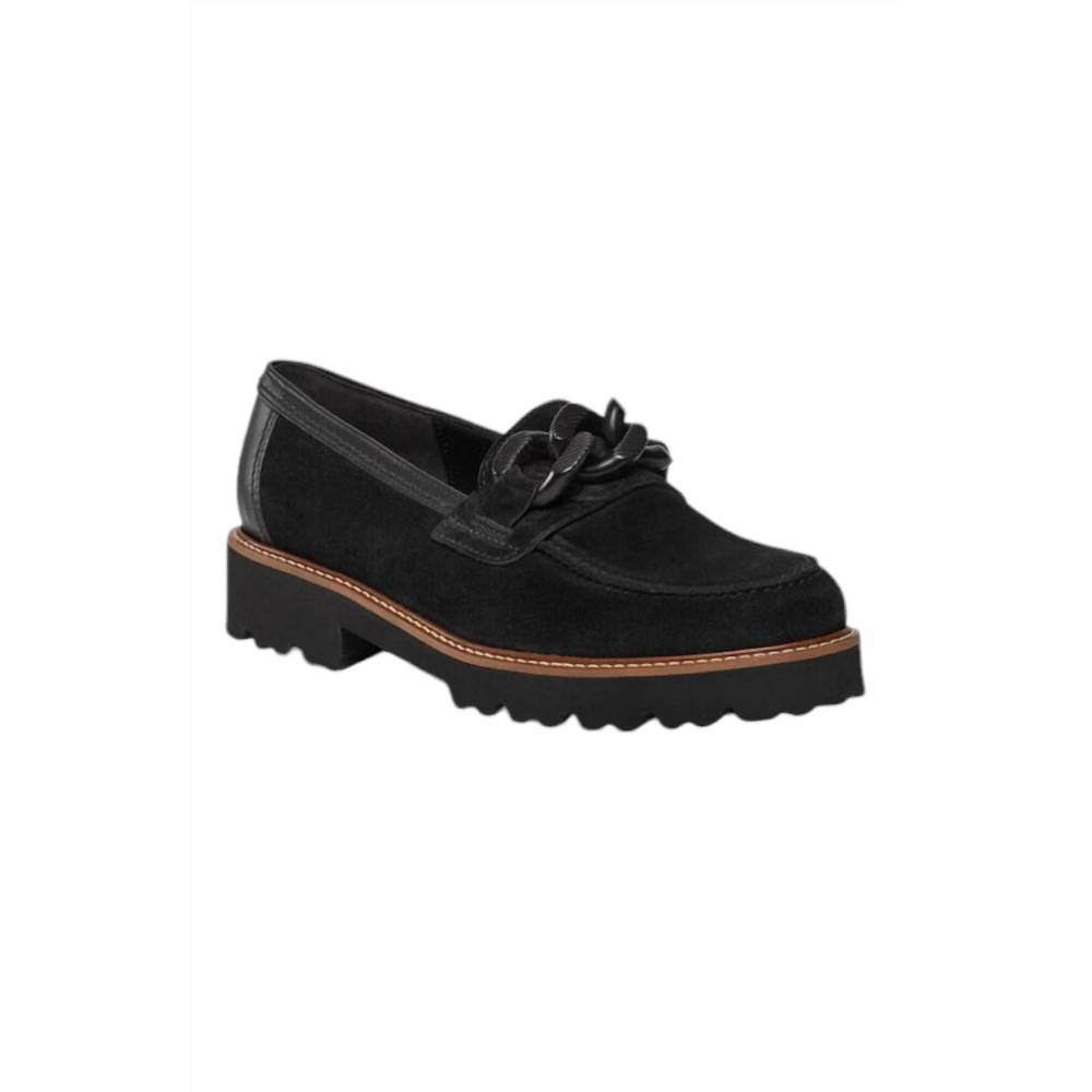 Gabor Black Suede Loafers with Chunky Brown Sole